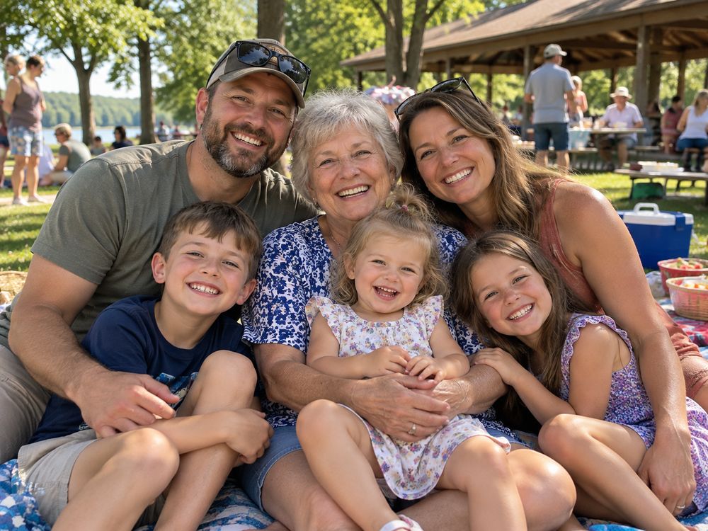 Three generations of a family squeezed together on a picnic blanket