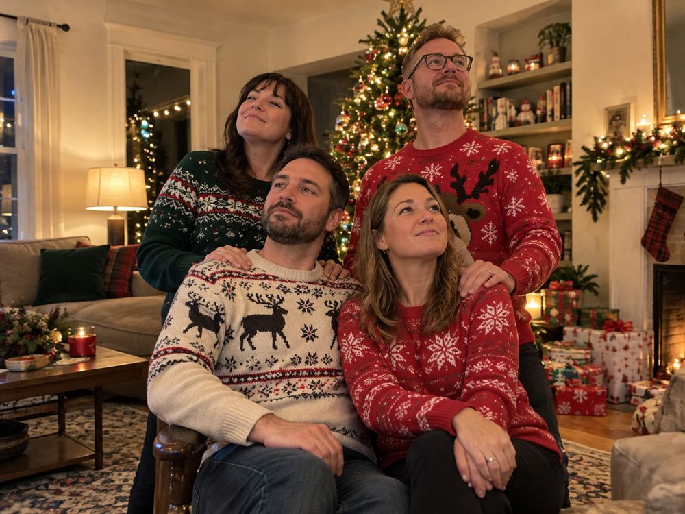 Friends recreating an old-fashioned holiday card pose in front of a tree
