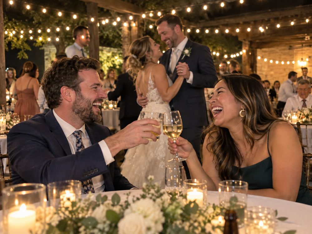 Two wedding guests clinking glasses as the newlyweds dance behind them